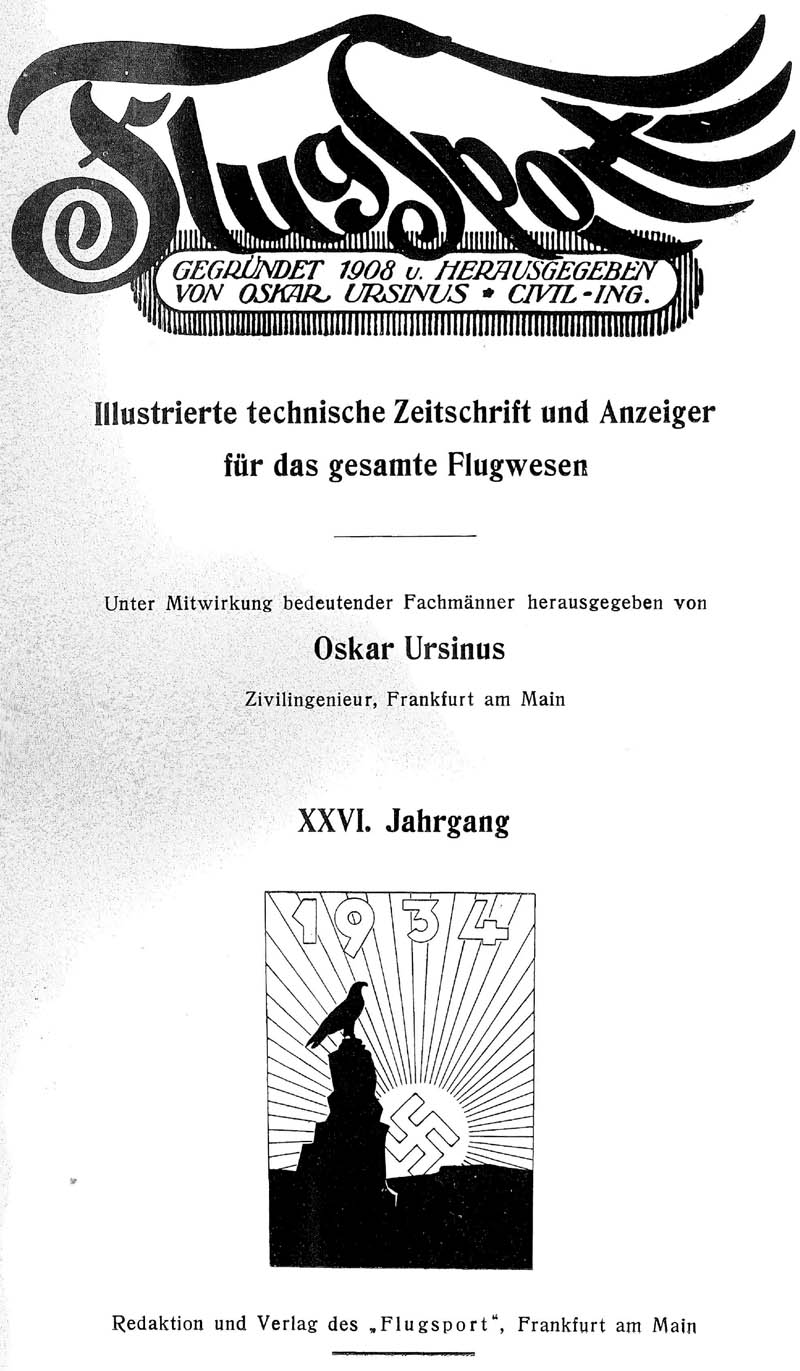 Sachregister und Inhaltsverzeichnis der Zeitschrift Flugsport für das Jahr 1934